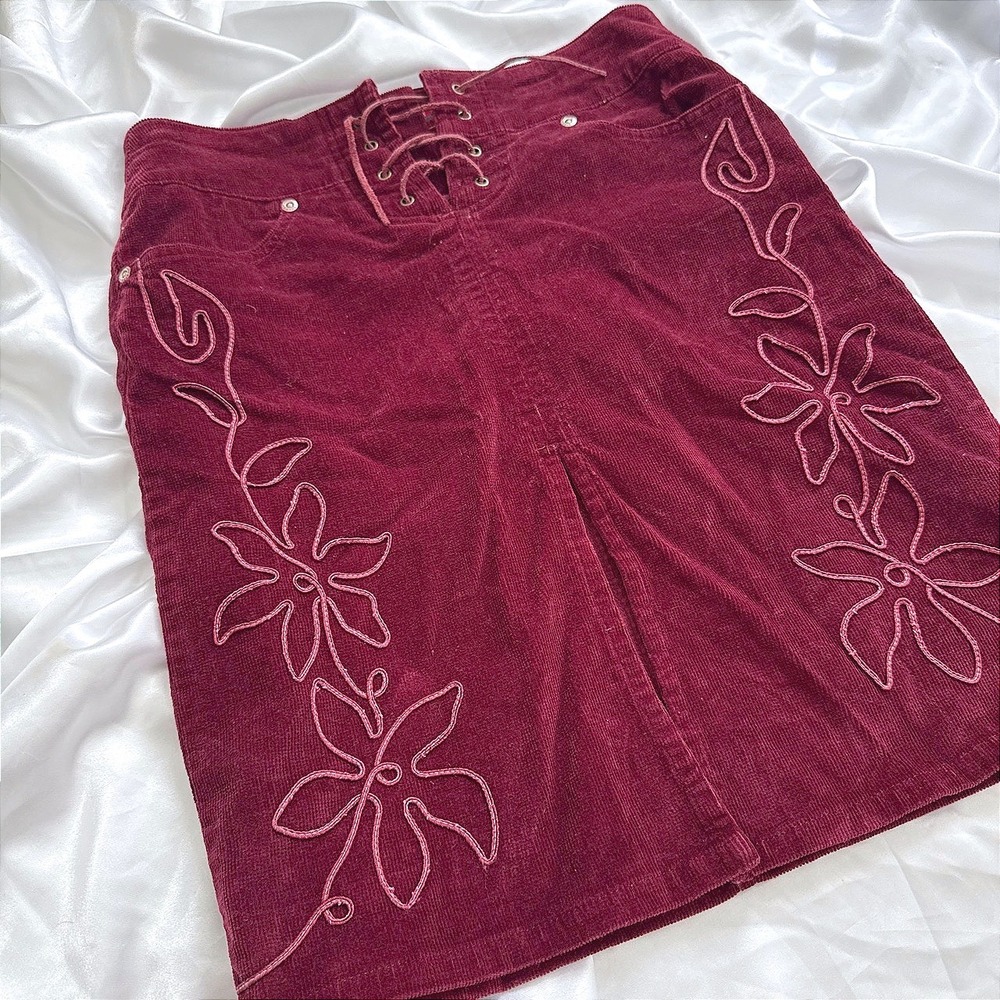 Hot Kiss Burgundy Corduroy Lace Up Floral Embroidered Mini Skirt Y2K Vintage 3